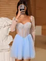 Glam A-line Square Long Sleeves Beading Short/Mini Tulle Corset Homecoming Dress