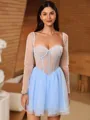 Glam A-line Square Long Sleeves Beading Short/Mini Tulle Corset Homecoming Dress