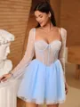Glam A-line Square Long Sleeves Beading Short/Mini Tulle Corset Homecoming Dress