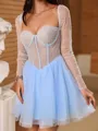 Glam A-line Square Long Sleeves Beading Short/Mini Tulle Corset Homecoming Dress