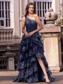 Timeless A-line One-Shoulder Appliques Lace Sweep Train Tulle Corset Prom Dress