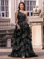 Timeless A-line One-Shoulder Appliques Lace Sweep Train Tulle Corset Prom Dress
