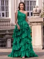 Timeless A-line One-Shoulder Appliques Lace Sweep Train Tulle Corset Prom Dress