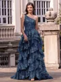 Timeless A-line One-Shoulder Appliques Lace Sweep Train Tulle Corset Prom Dress