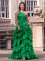Timeless A-line One-Shoulder Appliques Lace Sweep Train Tulle Corset Prom Dress
