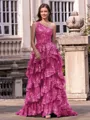 Timeless A-line One-Shoulder Appliques Lace Sweep Train Tulle Corset Prom Dress
