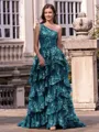 Timeless A-line One-Shoulder Appliques Lace Sweep Train Tulle Corset Prom Dress