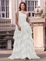 Timeless A-line One-Shoulder Appliques Lace Sweep Train Tulle Corset Prom Dress