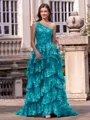 Timeless A-line One-Shoulder Appliques Lace Sweep Train Tulle Corset Prom Dress