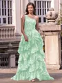 Timeless A-line One-Shoulder Appliques Lace Sweep Train Tulle Corset Prom Dress