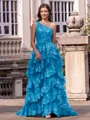 Timeless A-line One-Shoulder Appliques Lace Sweep Train Tulle Corset Prom Dress