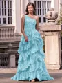 Timeless A-line One-Shoulder Appliques Lace Sweep Train Tulle Corset Prom Dress