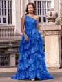 Timeless A-line One-Shoulder Appliques Lace Sweep Train Tulle Corset Prom Dress