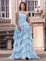 Timeless A-line One-Shoulder Appliques Lace Sweep Train Tulle Corset Prom Dress