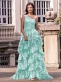 Timeless A-line One-Shoulder Appliques Lace Sweep Train Tulle Corset Prom Dress