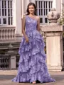 Timeless A-line One-Shoulder Appliques Lace Sweep Train Tulle Corset Prom Dress