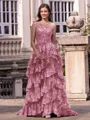 Timeless A-line One-Shoulder Appliques Lace Sweep Train Tulle Corset Prom Dress