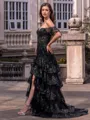 Flattering Sheath Sweetheart Appliques Lace Sweep Train Tulle Corset Prom Dress