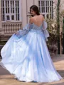 Chic A-line Straight Long Sleeves Appliques Lace Sweep Train Tulle Corset Convertible Prom Dress