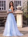 Chic A-line Straight Long Sleeves Appliques Lace Sweep Train Tulle Corset Convertible Prom Dress