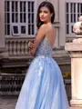 Chic A-line Straight Long Sleeves Appliques Lace Sweep Train Tulle Corset Convertible Prom Dress