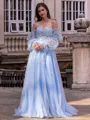 Chic A-line Straight Long Sleeves Appliques Lace Sweep Train Tulle Corset Convertible Prom Dress