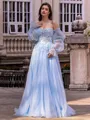 Chic A-line Straight Long Sleeves Appliques Lace Sweep Train Tulle Corset Convertible Prom Dress