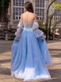 Chic A-line Straight Long Sleeves Appliques Lace Sweep Train Tulle Corset Convertible Prom Dress