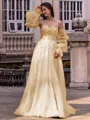 Chic A-line Straight Long Sleeves Appliques Lace Sweep Train Tulle Corset Convertible Prom Dress