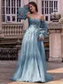 Chic A-line Straight Long Sleeves Appliques Lace Sweep Train Tulle Corset Convertible Prom Dress