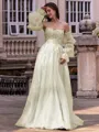 Chic A-line Straight Long Sleeves Appliques Lace Sweep Train Tulle Corset Convertible Prom Dress