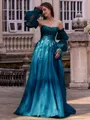 Chic A-line Straight Long Sleeves Appliques Lace Sweep Train Tulle Corset Convertible Prom Dress