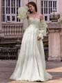 Chic A-line Straight Long Sleeves Appliques Lace Sweep Train Tulle Corset Convertible Prom Dress