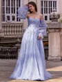 Chic A-line Straight Long Sleeves Appliques Lace Sweep Train Tulle Corset Convertible Prom Dress