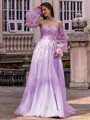 Chic A-line Straight Long Sleeves Appliques Lace Sweep Train Tulle Corset Convertible Prom Dress