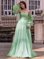 Chic A-line Straight Long Sleeves Appliques Lace Sweep Train Tulle Corset Convertible Prom Dress