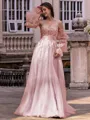 Chic A-line Straight Long Sleeves Appliques Lace Sweep Train Tulle Corset Convertible Prom Dress
