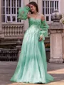 Chic A-line Straight Long Sleeves Appliques Lace Sweep Train Tulle Corset Convertible Prom Dress