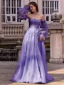 Chic A-line Straight Long Sleeves Appliques Lace Sweep Train Tulle Corset Convertible Prom Dress