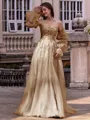 Chic A-line Straight Long Sleeves Appliques Lace Sweep Train Tulle Corset Convertible Prom Dress