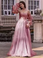 Chic A-line Straight Long Sleeves Appliques Lace Sweep Train Tulle Corset Convertible Prom Dress
