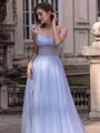 Impeccable A-line V-Neck Sweep Train Tulle Corset Prom Dress