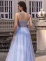 Impeccable A-line V-Neck Sweep Train Tulle Corset Prom Dress