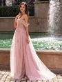 Graceful A-line Off-the-Shoulder Appliques Lace Sweep Train Corset Prom Dress