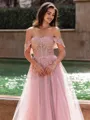 Graceful A-line Off-the-Shoulder Appliques Lace Sweep Train Corset Prom Dress