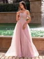 Graceful A-line Off-the-Shoulder Appliques Lace Sweep Train Corset Prom Dress