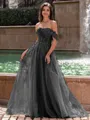 Graceful A-line Off-the-Shoulder Appliques Lace Sweep Train Corset Prom Dress