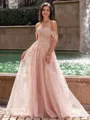 Graceful A-line Off-the-Shoulder Appliques Lace Sweep Train Corset Prom Dress