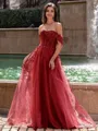 Graceful A-line Off-the-Shoulder Appliques Lace Sweep Train Corset Prom Dress
