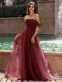 Graceful A-line Off-the-Shoulder Appliques Lace Sweep Train Corset Prom Dress